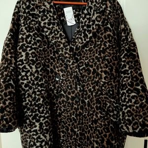 NWT! Coach Double Breasted Peacoat Black/Tan/Grey Leopard Print Wool Blend Sz LG